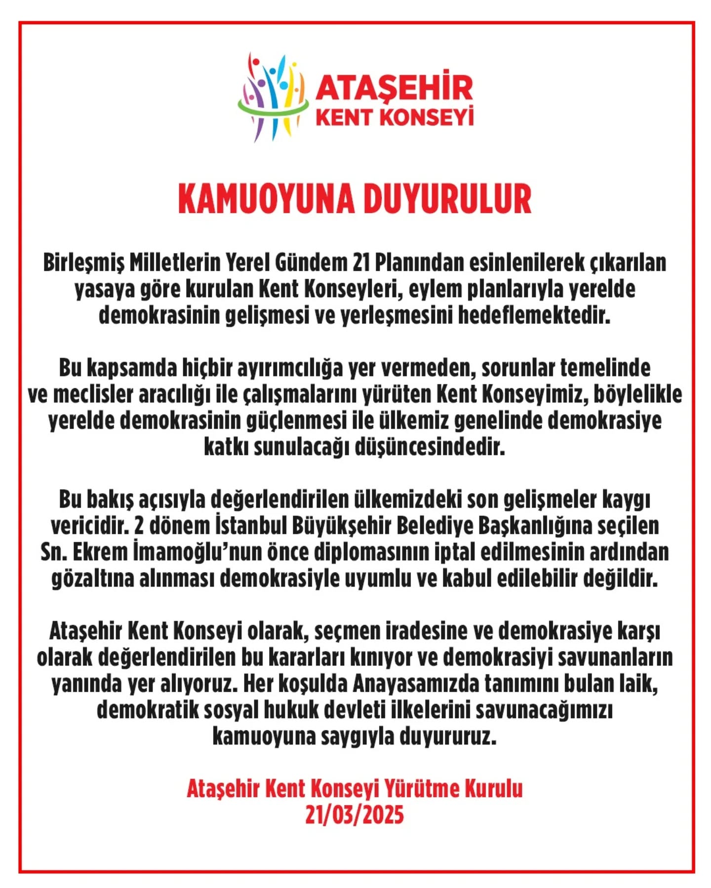 ATAŞEHİR KENT KONSEYİ BAŞKANLIĞINDAN KAMUOYUNA DUYURULUR